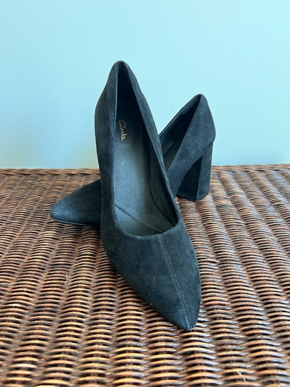 Clarks Black Suede Pointed Toe Block Heel Pumps Size 38